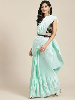 Odette - Women's Pure Crepe Sea Green Solid Belted Sarees with Blouse Piece with Unstitched