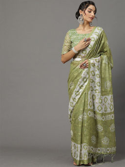 Odette - Women's Soft Silk Olive Printed Designer Saree with Unstitched Blouse