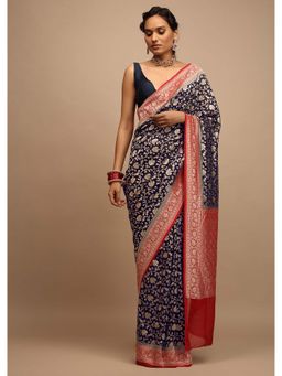 KALKI FASHION - Navy Blue Floral Saree in Georgette with Unstitched Blouse
