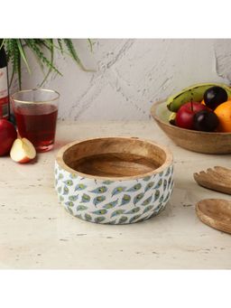 The Decor Mart - Salad Bowl and Wooden Servers White Peacock