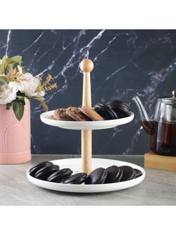 The Decor Mart - Ceramic Wood Two Tier Cupcake Stand