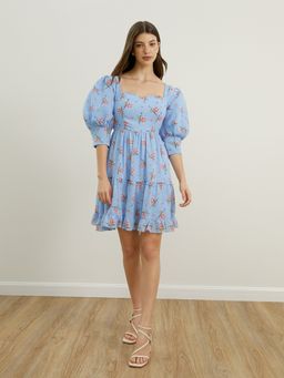 Pomelo - Square Neck Puffed Sleeve Mini Dress - Blue