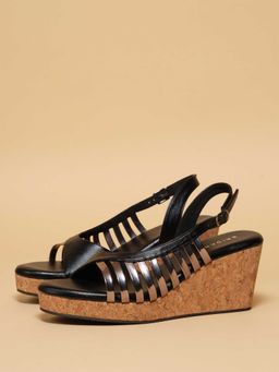 ERIDANI - Women Black Faux Leather Buckle Wedges