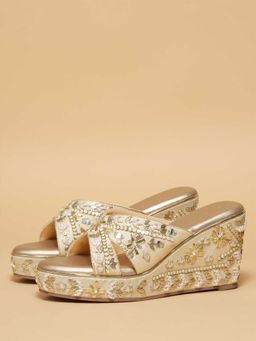 ERIDANI - Women Gold Faux Leather Slip On Wedges