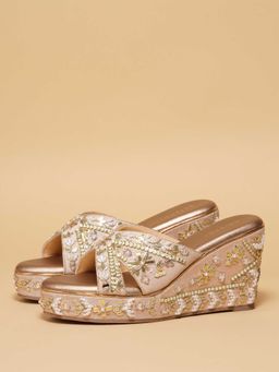 ERIDANI - Women Rose Gold Faux Leather Slip On Wedges