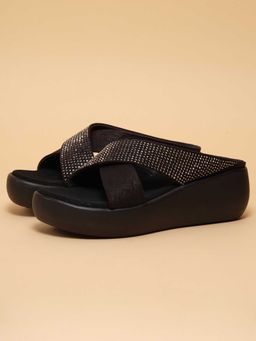 ERIDANI - Women Black Faux Leather Slip On Wedges