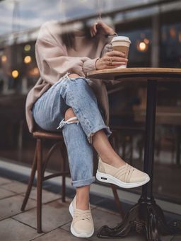 Yoho - Women Beige Mesh Slip On Sneakers