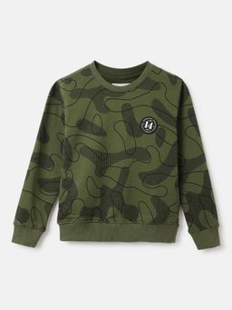 Blue Giraffe - Boys Olive Printed Round Neck Full Sleeves Sweatshirt