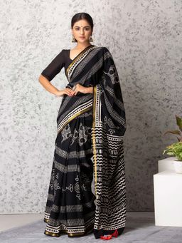 Baisacrafts - Reese Handblock Cotton Saree With Unstiched Blouse