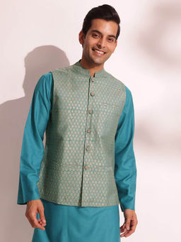 Fabindia - Blue Viscose Silk Hand Block Printed Nehru Jacket