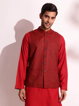 Fabindia - Maroon Viscose Blend Striped Nehru Jacket
