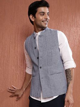 Fabindia - Blue Cotton Woven Slim Fit Nehru Jacket