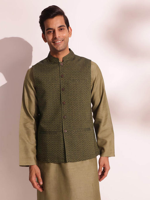 Fabindia Green Cotton Dobby Nehru Jacket