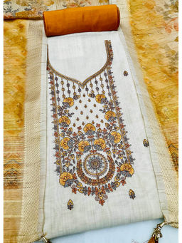 FAZALS - Chanderi Cream Embellished Unstitched Top with Bottom and Dupatta