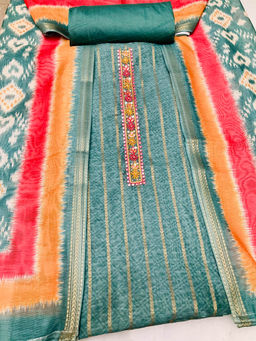 FAZALS - Chanderi Green Embellished Unstitched Top with Bottom and Dupatta