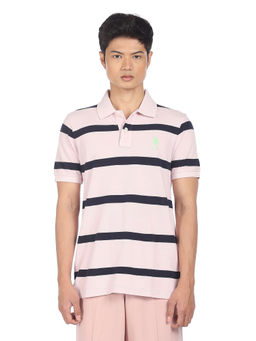 U.S. POLO ASSN. - Men Light Pink Ribbed Collar Striped Polo Shirt