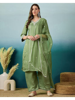 KVS FAB - Green Cotton Blend Zari Embroidered Kurta Pant & Dupatta (Set of 3)