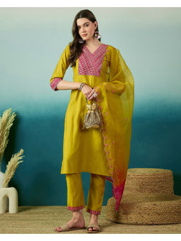 KVS FAB - Zari Embroidered Sequence Yellow Silk Blend Kurta Pant & Dupatta (Set of 3)