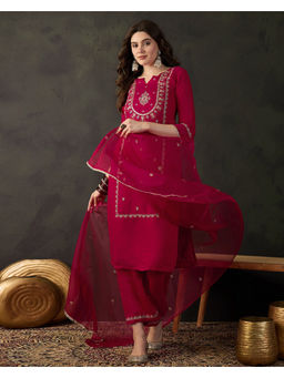 KVS FAB - Red Silk Blend Zari Thread Embroidered Kurta Pant & Dupatta (Set of 3)