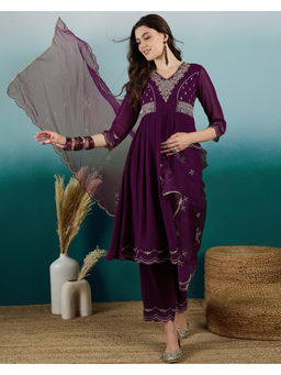 KVS FAB - Purple Silk Blend Zari Thread Embroidered Kurta Pant & Dupatta (Set of 3)
