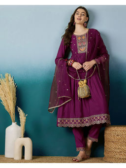 KVS FAB - Purple Silk Blend Zari Sequence Embroidered Kurta Pant & Dupatta (Set of 3)