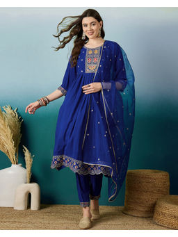 KVS FAB - Blue Silk Blend Zari Sequence Thread Embroidered Kurta Pant & Dupatta (Set of 3)