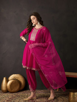 KVS FAB - Magenta Silk Blend Zari Thread Embroidered Kurta Salwar & Dupatta (Set of 3)