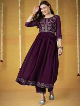 KVS FAB - Burgundy Silk Blend Zari Sequence Embroidered Kurta & Pant (Set of 2)