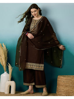 KVS FAB - Brown Silk Blend Zari Sequence Embroidered Kurta Pant & Dupatta (Set of 3)
