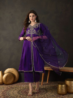 KVS FAB - Purple Silk Blend Zari Sequence Embroidered Kurta Pant & Dupatta (Set of 3)