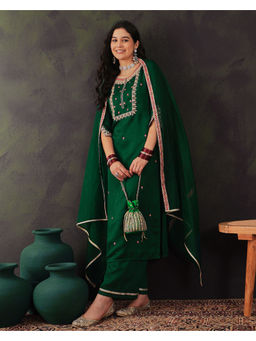 KVS FAB - Green Silk Blend Zari Sequence Embroidered Kurta Pant & Dupatta (Set of 3)