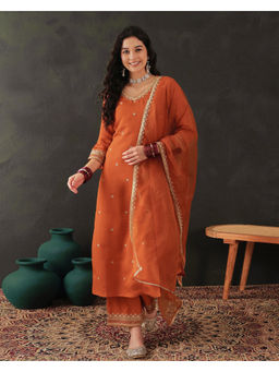 KVS FAB - Rust Silk Blend Zari Sequence Embroidered Kurta Pant & Dupatta (Set of 3)