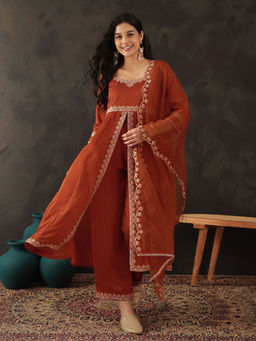 KVS FAB - Rust Silk Blend Zari Sequence Embroidered Kurta Pant & Dupatta (Set of 3)