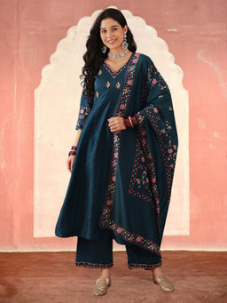 KVS FAB - Teal Silk Blend Thread Embroidered Kurta Pant & Dupatta (Set of 3)