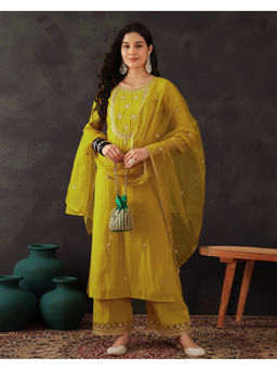 KVS FAB - Yellow Silk Blend Zari Sequence Embroidered Kurta Pant & Dupatta (Set of 3)