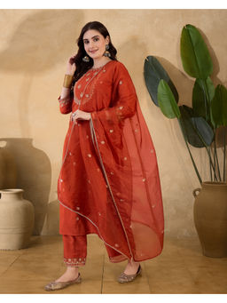 KVS FAB - Rust Silk Blend Zari Sequence Embroidered Kurta Pant & Dupatta (Set of 3)