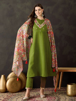 KVS FAB - Olive Silk Blend Zari Sequence Embroidered Kurta Pant & Dupatta (Set of 3)