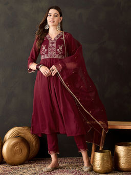 KVS FAB - Maroon Silk Blend Zari Sequence Embroidered Kurta Pant & Dupatta (Set of 3)