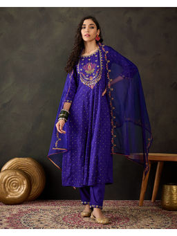 KVS FAB - Blue Silk Blend Zari Thread Work Embroidered Kurta Pant & Dupatta (Set of 3)