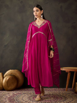 KVS FAB - Pink Silk Blend Zari Sequence Embroidered Kurta Pant & Dupatta (Set of 3)