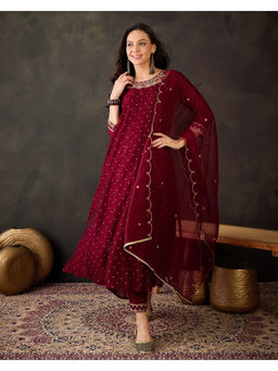 KVS FAB - Maroon Silk Blend Zari Sequence Embroidered Kurta Pant & Dupatta (Set of 3)