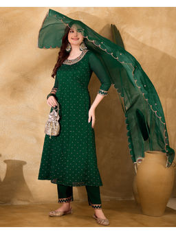 KVS FAB - Green Silk Blend Zari Sequence Embroidered Kurta Pant & Dupatta (Set of 3)