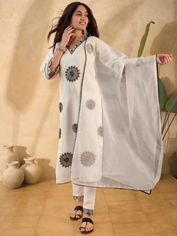 KVS FAB - Off White Silk Blend Embroidered Mirror Work Kurta Pant & Dupatta (Set of 3)