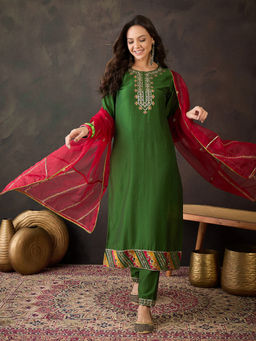 KVS FAB - Green Silk Blend Zari Sequence Thread Embroidered Kurta Pant & Dupatta (Set of 3)