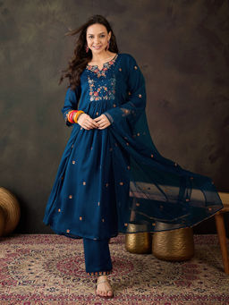 KVS FAB - Blue Silk Blend Zari Thread Work Embroidered Kurta Pant & Dupatta (Set of 3)