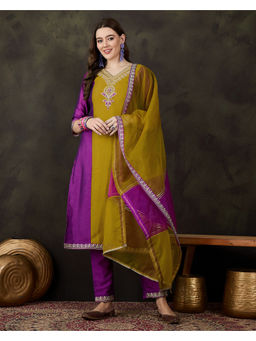 KVS FAB - Mustard Silk Blend Zari Sequence Thread Embroidered Kurta Pant & Dupatta (Set of 3)