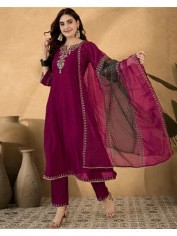 KVS FAB - Embroidered Zari Sequence Burgundy Silk Blend Kurta Pant & Dupatta (Set of 3)