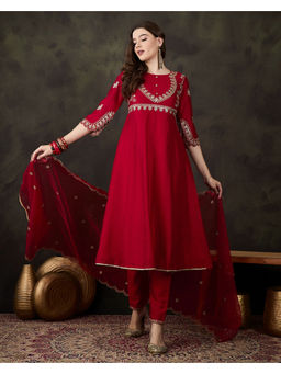 KVS FAB - Red Silk Blend Zari Sequence Embroidered Kurta Pant & Dupatta (Set of 3)