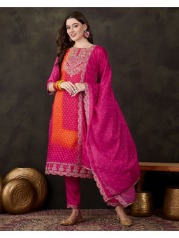 KVS FAB - Magenta Silk Blend Zari Sequence Embroidered Kurta Pant & Dupatta (Set of 3)