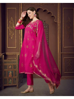 KVS FAB - Pink Silk Blend Zari Thread Embroidered Kurta Pant & Dupatta (Set of 3)